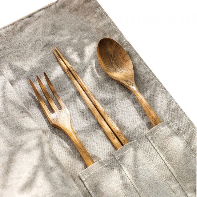 木製定制便携餐具 木头餐具三件组